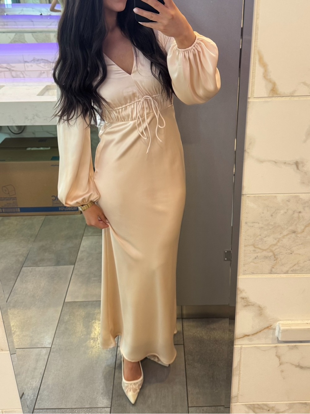 Billy J Elegant Satin Long Sleeve Maxi Dress in Champagne